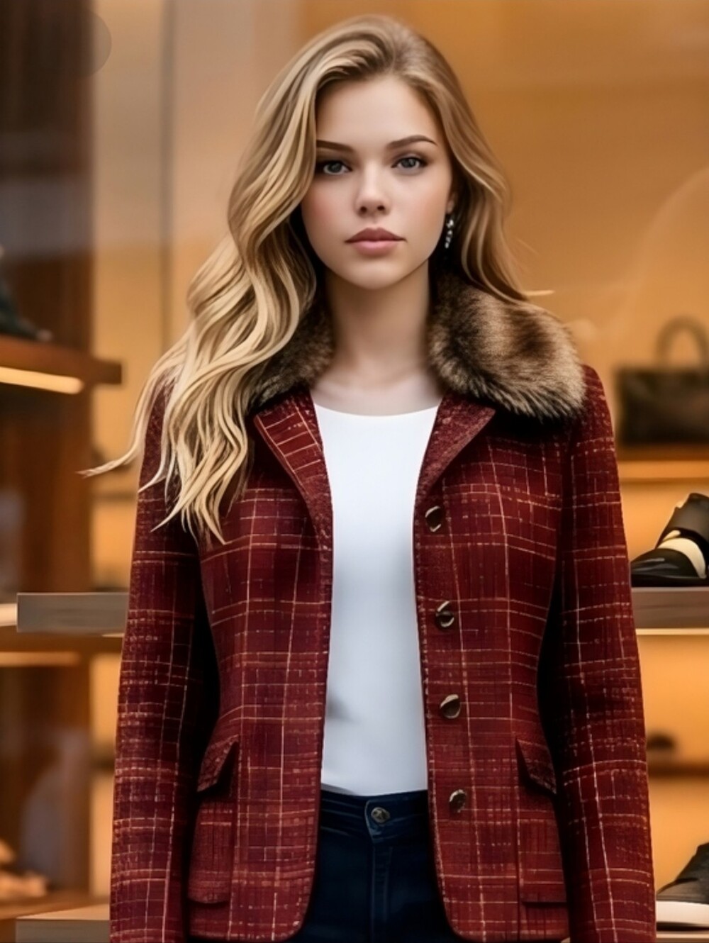 NWT Laura Ashley Petite Plaid Tweed Jacket Detachable Faux Fur Collar Small